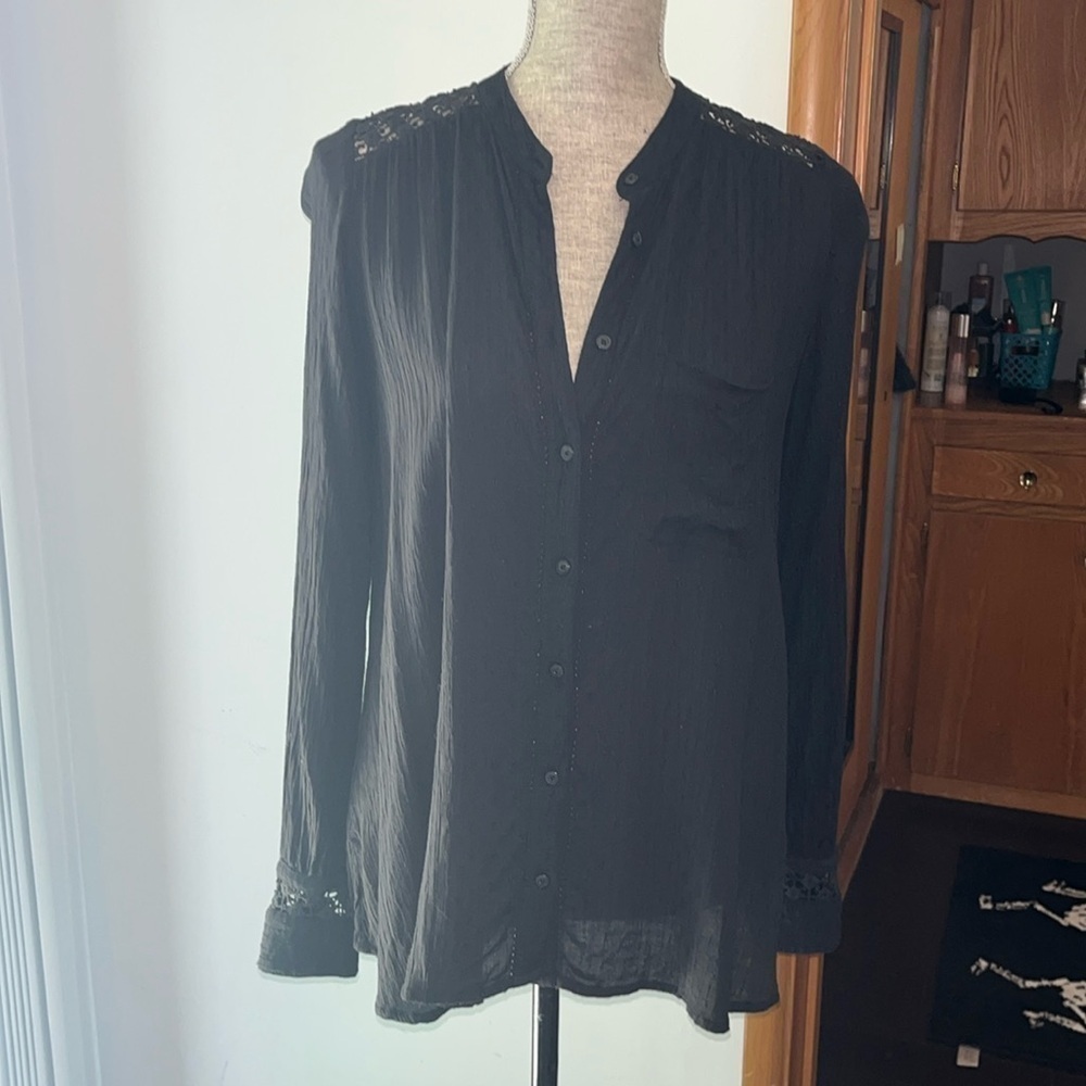Free People The Best Blouse Oversized Crinkle Crochet Lace Top Black Size Small